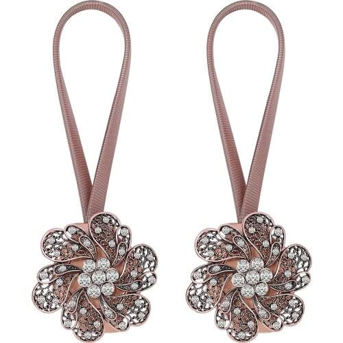 1 Pair Sparkling Crystal Flower Curtain Tieback,Magnetic Drapery Holder Stretchy Buckle Clips Curtain Bind with Stainless Spring
