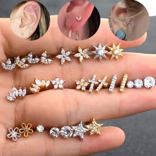 1pc 1.2x6mm Cute Flower Star Cross Crown Tragus Piercing Helix Piercing Stud Daith Helix Earrings Nose Ring Ear Piercing Jewelry