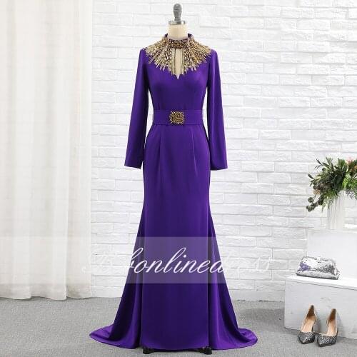 Bbonlinedress Purple Evening Dress Long High Collar Full Sleeves Gold Hand Beaded Mermaid Prom Dresses vestido de festa