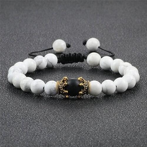 Charm Handmade Weave Adjustable Bracelet 8mm Natural Black Lava Matte Stone Crown Beaded Bracelets&Bangles for Men Women Jewelry