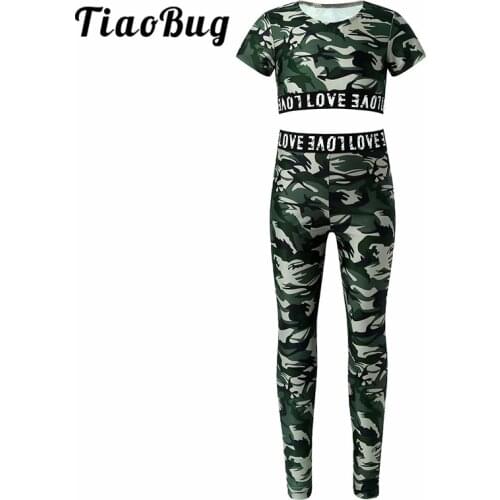 Kids Girls Tracksuit Camouflage Printed Short Sleeve Crop Top Leggings Pants Sports Sets Children Gymnastics Ballet Dance Wear