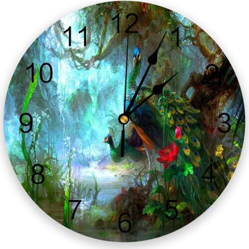 Animal Peacock Forest Stone Round Wall Clock Modern Design Home Living Room Decoration Childrens Room Kitchen Table Clock