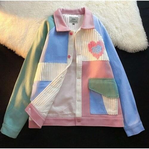 Bomber Jacket Women Baseball Uniform Design Colorful Casual Loose Autumn Corduroy Coat Harajuku Streetwear Vintage Clothing