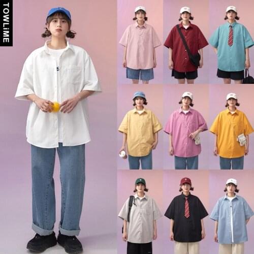 Summer Harajuku Preppy Style Sweet Girls Solid Short Sleeve Shirts Korean Fashion Women Casual Blouse Couple Clothes Men Shirts