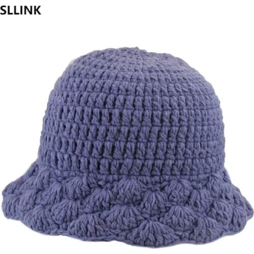 Literary and artistic versatile knitted fishermans hat Korean fashion handmade coarse wool Lace Crochet basin hat