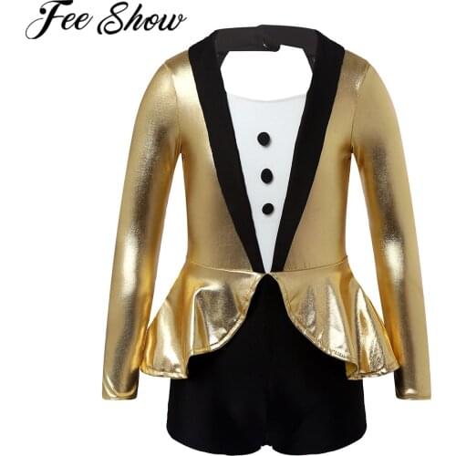 Kid Girls Glittering Metallic Modern Jazz Dance Unitard Bodysuit Long Sleeve Open Back Ballet Dance Gymnastics Leotard Dancewear