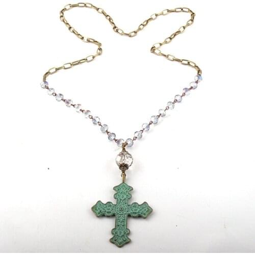 MOODPC Fashion Jewelry Multi Blue Glass Crystal Rosary Chain Bronze Chain Metal Cross Pendant Necklaces Women Ethnic Necklace