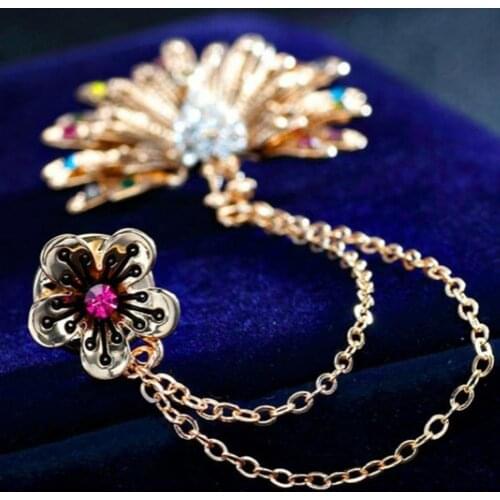 Fashion Women Cubic Zirconia Inlaid Peacock Flower Double Chain Tassel Brooch Pin Gift Party Girls Jewelry Accessories