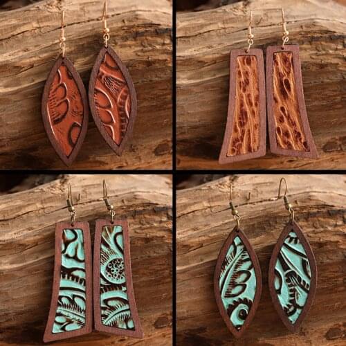 Fashion Geometric Embossed Floral Leather Wood Edge Women Drop Earrings Bohemia Leaf Dangle Long Earring Jewelry Wholesale