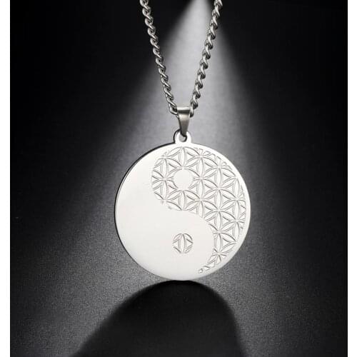 My Shape Flower of Life Necklace Stainless Steel Chain Round Chinese Tai Chi Pendant Statement Men Necklace Vintage Jewelry Gift