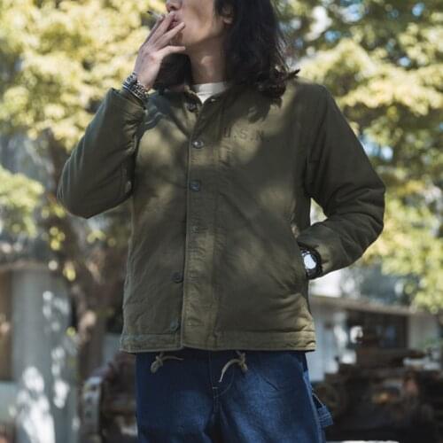 Non Stock 1940s US Navy Faux Fur Lining N-1 Deck Jacket Mens Retro Military Jackets Winter Warm Khaki Jackets