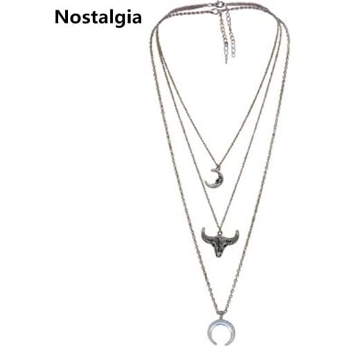 Nostalgia 2018 New Vintage Boho Layered Tibetan Silver Necklace Moon Bull Pendant Choker Necklace Set Women Gifts
