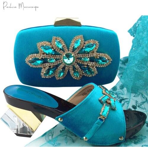 New Nigerian Fashion Maple Leaf Rhinestone Style Italian Design Party Wedding Ladies Shoes and Bag Set in Sky Blue Color