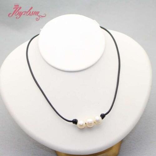 8-10mm Natural Freshwater Pearl Round Stone Beads Leather Necklace For Women Wedding Christmas Gift Fashion Chokers Necklace 16"