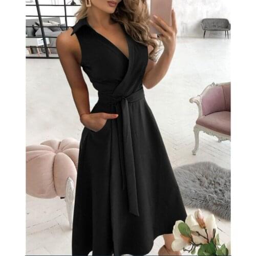 Womens Dresses Solid Summer Dress Women Sexy V Neck Turn-down Sleeveless Pocket Office Lady Dress Lace Up Dress Party