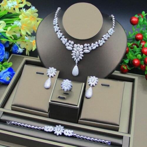 HERHOME Luxury cubic zirconia necklace bracelet earrings and ring 4pcs dubai full jewelry set for women,bridal dress dinner