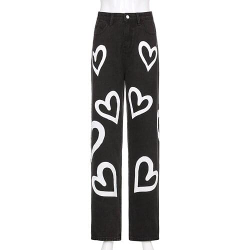 Printed Loose Jeans Fashionable Soft Sexy Women Pants Fashion womens sexy love monochrome graffiti print loose jeans