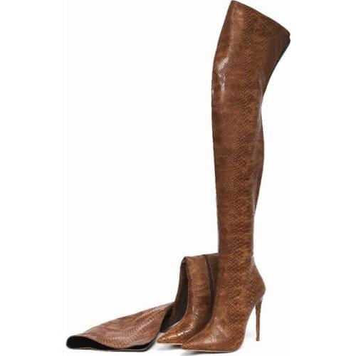 Women Over The Knee High Boots Female Slip On Pointed Toe Long Winter Boots Snakeskin Print Sexy Long Boots