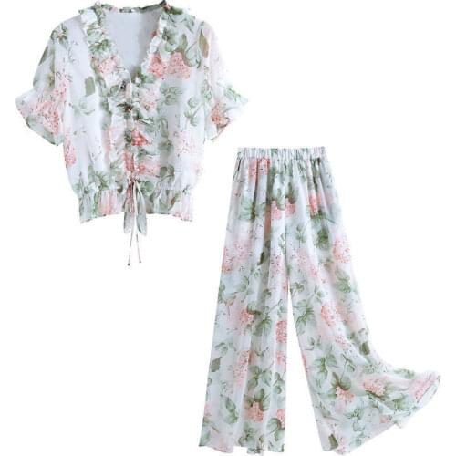 Women New Summer Style Floral Chiffon Wide-Leg Trouser Suit Lantern Sleeve Slim Two-Piece Set Elastic Waist Ruched V-Neck Blouse