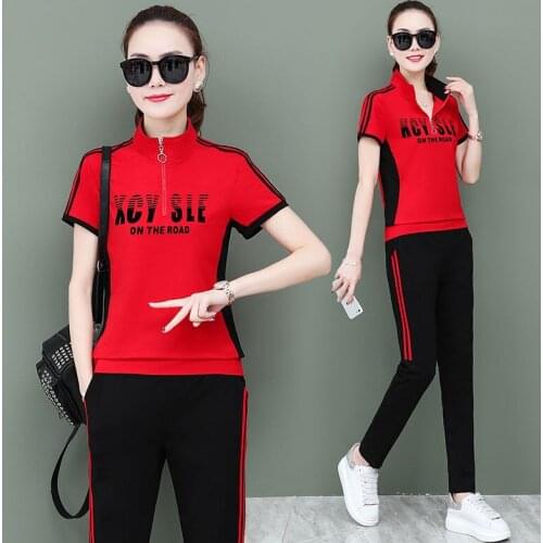 Letter Print Tracksuit Women Outfit Casual Sportswear Workout Running Sweatsuit Short Sleeve Tops + Pants Two Piece Sets Female