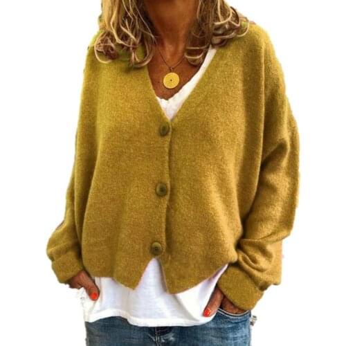 Plus Size Ladies Button Knit Cardigan Loose V Neck Long Sleeve Autumn Sweater Cardigans Coat Tops Blue Red Solid Female Outfits