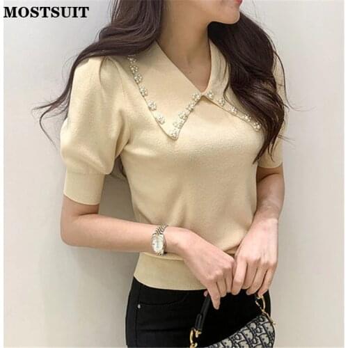Beading Knitted Sweater Pullover Women Summer Puff Sleeve Turn-down Collar Jumpers Korean Fashion Elegant Female Tops Knitwear