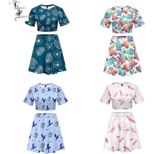 Leaves Natural 3D Printing Short Sleeves Girls Casual Dress Women Summer Sport Dress T-shirt top and Short Skirt Two Piece Set