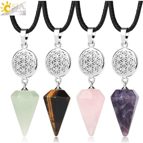 CSJA Natural Stone Cone Crystal Necklaces Pendant Necklace Healing Flower of Life Rose Crystals Quartz Malachite Turquoises S791
