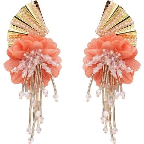 Oorbellen Crystal Tassel Long Stud Earrings Fashion Girl Statement Earrings Fan Shaped Flower Earrings for Womens Wedding