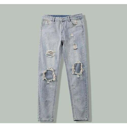 Hip Hop Water Wash Hole Straight-leg Jeans Men Harajuku Streetwear Retro Casual Trousers 2021 Summer Baggy Joggers Sports Pants