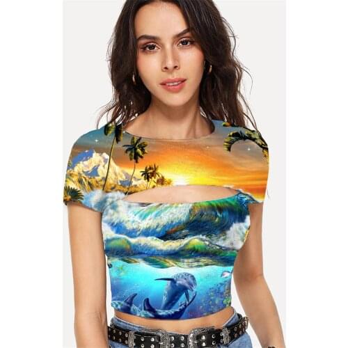 Somepet Landscape T shirt Women Waves Tshirt Printed Fish Navel Bare T-shirts 3d Coconut Tree Hollow Out T shirts