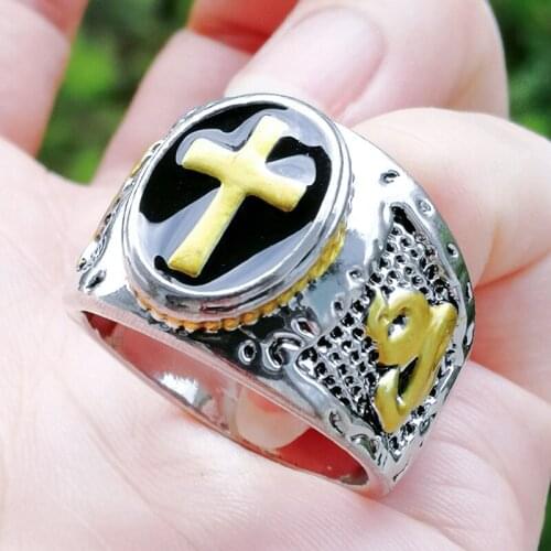 Classic Vintage Religion Cross Mens Ring Punk Style Black Oil Double Gold Color Male Party Finger Jewelry Acd For Men Best Gift