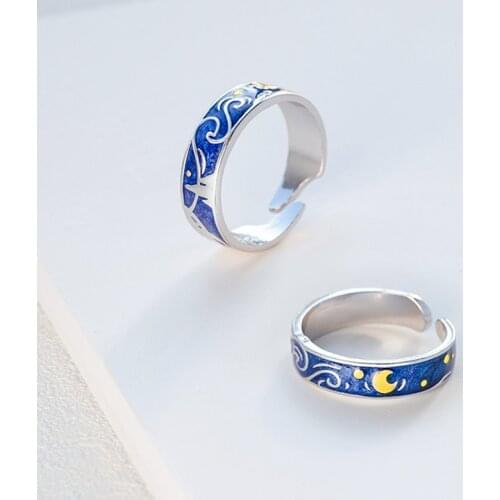 Art Moon Star Starry Night Van Gogh Adjustable Rings For Couple Lovers 925 Sterling Silver 2021 Drop Shipping Women Men Jewelry