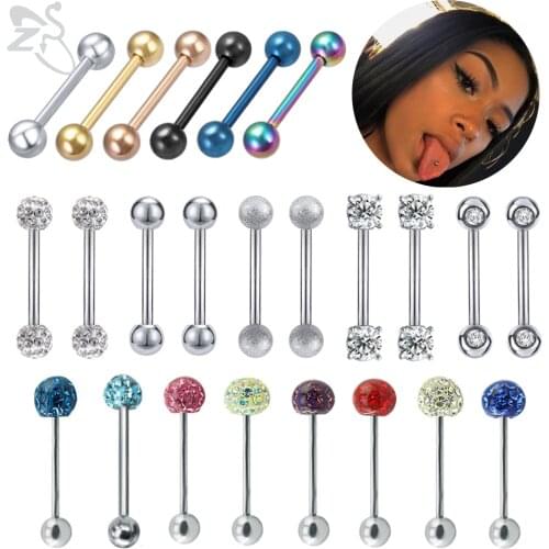 ZS 6-10pcs 14G Stainless Steel Tongue Ring Set CZ Crystal Industrial Barbell Ring Ear Helix Piercings Nipple Piercing Jewelry