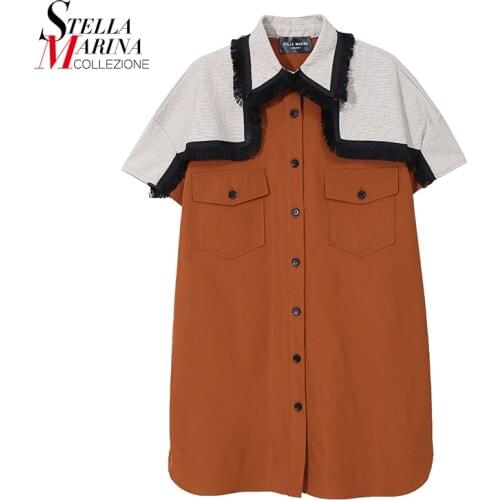 New 2021 Woman Summer Casual Top Khaki Patchwork Blouses Pocket Oversized Street Style Girls Unique Shirt chemise femme 8345