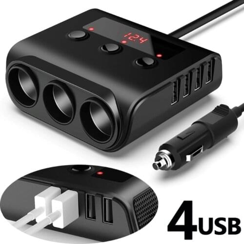 New Arrival 12V 24V 100W Car Cigeratte Lighter Splitter 3 Socket With 4 USB Ports LED Power Display Usb Charger