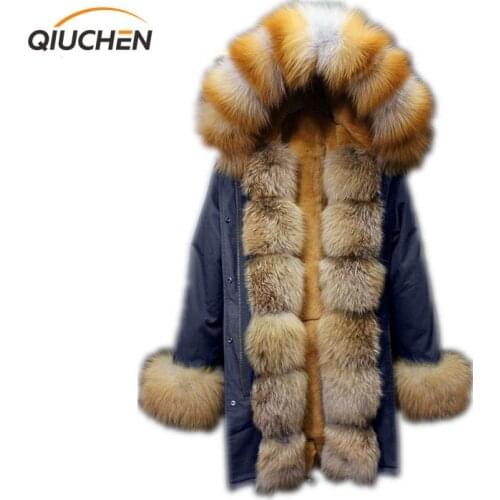 QIUCHEN PJ6002 real long parka red fox fur parka with rex rabbit fur lining and red fox hood and fur tirm high quality coat