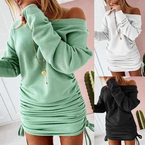 Sexy Ladies Pencil Skirt O-Neck Long-Sleeved Drawstring Drawstring Hips Solid Color Dress Long-Sleeved Tight Dress