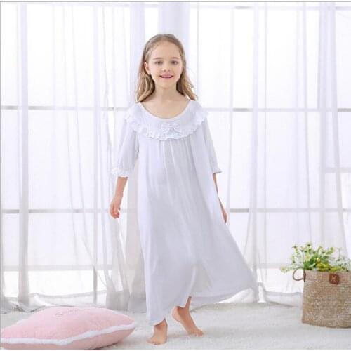 Pajama Dress Girl White Bow Long Sleeve Nightdress For Girls High-grade Cotton Children Nightwear Sweet Home Wear Nightdress