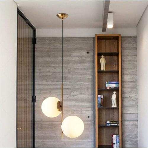 New Nordic Style Gold Metal Dining Room Pendant Light Double Milky Glass Ball Cafe / Bar / Bedroom Art Hanging Light Fixtures