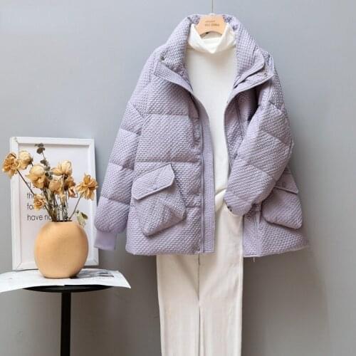Casual Windbreak Warm Female Outwear Winter Stand Collar Loose Light Down Short Jacket Women 90% White Duck Down Coat