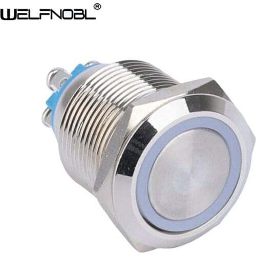 Reset Latching Switch 19mm Metal Screw Waterproof 1NO Ring Blue Light LED Momentary Self-Locking Push Button Switch