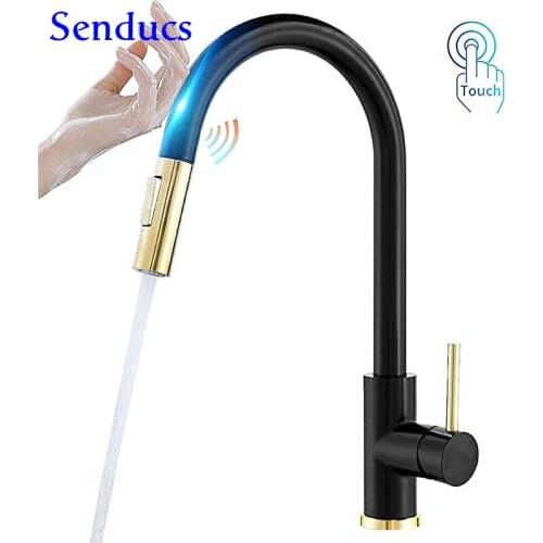 Touch Kitchen Faucets Senducs Black Gold Pull Out Kitchen Faucet 360 Roatation Sensor Kitchen Sink Faucet Brushed Touch Faucet