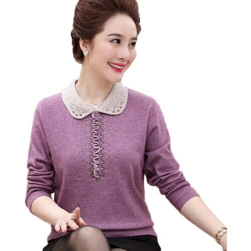 Middle-aged Women Sweater Autumn Winter Long-sleeved Lapel Knitwear High-quality Elegant Ladies Warm Pullover Sweater Jacket H56