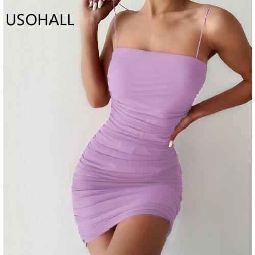 USOHALL Summer Sexy Slash Neck Spaghetti Strap Bodycon Dress Women Backless Sleeveless Mini Dresses