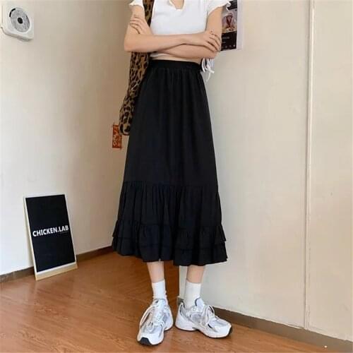 Vintage Goth High Waisted Skirt Women Spring Autumn Teens School Girls Frill Pleated Ruffles Patchwork Long Midi Black Skirts