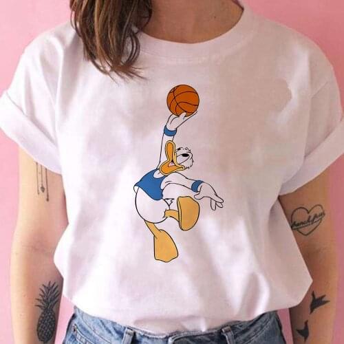 Donald Duck Play Basketball Graphic Women T-shirt White Loose Catoon Short Sleeve Disney Mickey Mouae Best Friend Tshit Female