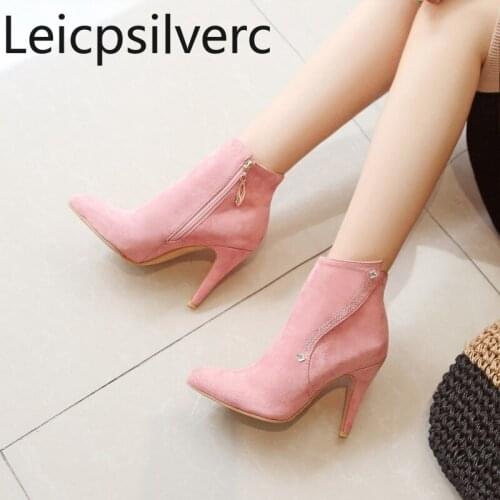 Womens Boots Spring and autumn The New Pointed zipper Crystal Fine heel High heel Short tube Womens shoes plus size 32-48