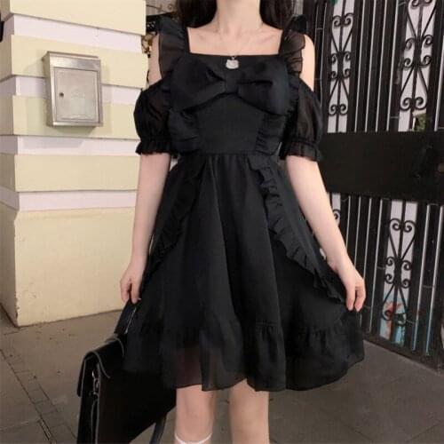 Korean Style Trendy Solid Color Ruffle Ruffle off-the-Shoulder Design Bow Waist Dress for Women Summer gothic lolita dress