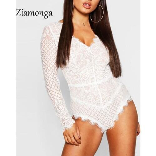 Ziamonga Femme Rompers Autumn Body Long Sleeve Skinny Sexy Femme Floral Lace Tops Party Women Black Red White Lace Bodysuits